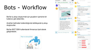 Bots - Workflow
8
Bot’lar iş akışı oluşturmak için grupların içerisine bir
kullanıcı gibi eklenirler.
Anahtar kelimeler kullanıldığında tetikleyerek iş akışı
oluştururlar.
Bot’lar BOT SDK kullanılarak firmanıza özel olarak
geliştirilebilir.
 