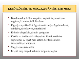 5. ELÖSZÖR ÉRTSD MEG, AZUTÁN ÉRTESD MEG! Karaktered (erkölcs, empátia, logika) folyamatosan sugároz, kommunikál: bizalom Figyelj empátiával! A figyelem 4 szintje: figyelmetlenül, színlelve, szelektíven, empátiával. Először diagnózis, azután gyógyszer Kerüld az önéletrajzi válaszokat! Fajtái: értékelés (egyetértés v. egyet nem értés), kérdezősködés, tanácsadás, értelmezés. Megértés és érzékelés Értesd meg magad: erkölcs, empátia, logika 