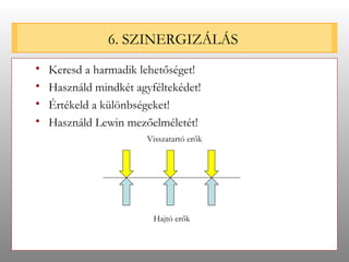 6. SZINERGIZÁLÁS Keresd a harmadik lehetőséget! Használd mindkét agyféltekédet! Értékeld a különbségeket! Használd Lewin mezőelméletét! Hajtó erők Visszatartó erők 