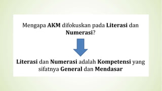 Mengapa AKM difokuskan pada Literasi dan
Numerasi?
Literasi dan Numerasi adalah Kompetensi yang
sifatnya General dan Mendasar
 