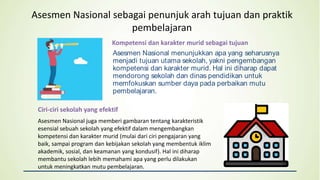 Asesmen Nasional sebagai penunjuk arah tujuan dan praktik
pembelajaran
Asesmen Nasional juga memberi gambaran tentang karakteristik
esensial sebuah sekolah yang efektif dalam mengembangkan
kompetensi dan karakter murid (mulai dari ciri pengajaran yang
baik, sampai program dan kebijakan sekolah yang membentuk iklim
akademik, sosial, dan keamanan yang kondusif). Hal ini diharap
membantu sekolah lebih memahami apa yang perlu dilakukan
untuk meningkatkan mutu pembelajaran.
Asesmen Nasional menunjukkan apa yang seharusnya
menjadi tujuan utama sekolah, yakni pengembangan
kompetensi dan karakter murid. Hal ini diharap dapat
mendorong sekolah dan dinas pendidikan untuk
memfokuskan sumber daya pada perbaikan mutu
pembelajaran.
Kompetensi dan karakter murid sebagai tujuan
Ciri-ciri sekolah yang efektif
6
Asesmen Nasional 2021
 