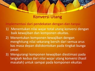 Konversi Utang
Implementasi dari pendekatan dengan-dan-tanpa:
1) Menentukan nilai wajar total utang konversi dengan
baik kewajiban dan komponen ekuitas.
2) Menentukan komponen kewajiban dengan
menghitung nilai sekarang bersih dari semua arus
kas masa depan didiskontokan pada tingkat bunga
pasar.
3) Mengurangi komponen kewajiban diestimasi pada
langkah kedua dari nilai wajar utang konversi (hasil
masalah) untuk sampai pada komponen ekuitas
 