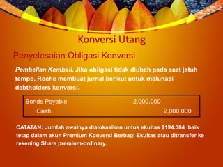 Konversi Utang
Penyelesaian Obligasi Konversi
Bonds Payable 2,000,000
Cash 2,000,000
CATATAN: Jumlah awalnya dialokasikan untuk ekuitas $194.384 baik
tetap dalam akun Premium Konversi Berbagi Ekuitas atau ditransfer ke
rekening Share premium-ordinary.
Pembelian Kembali. Jika obligasi tidak diubah pada saat jatuh
tempo, Roche membuat jurnal berikut untuk melunasi
debtholders konversi.
 