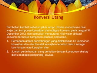 Konversi Utang
Pembelian kembali sebelum jatuh tempo. Roche menentukan nilai
wajar dari komponen kewajiban dari obligasi konversi pada tanggal 31
Desember 2012, dan kemudian mengurangi nilai wajar obligasi
konversi (termasuk komponen ekuitas). kemudian,
1. Perbedaan antara pertimbangan yang dialokasikan ke komponen
kewajiban dan nilai tercatat kewajiban tersebut diakui sebagai
keuntungan atau kerugian, dan
2. Jumlah pertimbangan yang berkaitan dengan komponen ekuitas
diakui (sebagai pengurang) ekuitas.
 