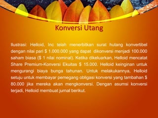 Konversi Utang
Ilustrasi: Helloid, Inc telah menerbitkan surat hutang konvertibel
dengan nilai pari $ 1.000.000 yang dapat dikonversi menjadi 100.000
saham biasa ($ 1 nilai nominal). Ketika dikeluarkan, Helloid mencatat
Share Premium-Konversi Ekuitas $ 15.000. Helloid keinginan untuk
mengurangi biaya bunga tahunan. Untuk melakukannya, Helloid
setuju untuk membayar pemegang obligasi konversi yang tambahan $
80.000 jika mereka akan mengkonversi. Dengan asumsi konversi
terjadi, Helloid membuat jurnal berikut.
 