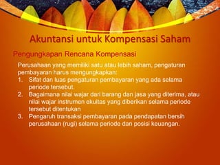 Akuntansi untuk Kompensasi Saham
Pengungkapan Rencana Kompensasi
Perusahaan yang memiliki satu atau lebih saham, pengaturan
pembayaran harus mengungkapkan:
1. Sifat dan luas pengaturan pembayaran yang ada selama
periode tersebut.
2. Bagaimana nilai wajar dari barang dan jasa yang diterima, atau
nilai wajar instrumen ekuitas yang diberikan selama periode
tersebut ditentukan
3. Pengaruh transaksi pembayaran pada pendapatan bersih
perusahaan (rugi) selama periode dan posisi keuangan.
 