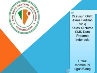Di susun Oleh:
AkmalFadillah
Sidiq
Kelas XI Nurse
SMK Duta
Pratama
Indonesia
Untuk
memenuhi
tugas Bioogi
 