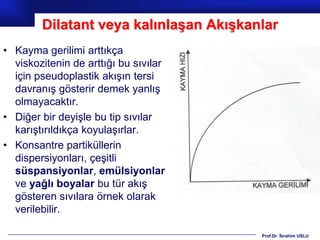 Dilatant veya kalınlaşan Akışkanlar
• Kayma gerilimi arttıkça
  viskozitenin de arttığı bu sıvılar
  için pseudoplastik akışın tersi
  davranış gösterir demek yanlış
  olmayacaktır.
• Diğer bir deyişle bu tip sıvılar
  karıştırıldıkça koyulaşırlar.
• Konsantre partiküllerin
  dispersiyonları, çeşitli
  süspansiyonlar, emülsiyonlar
  ve yağlı boyalar bu tür akış
  gösteren sıvılara örnek olarak
  verilebilir.

                                        Prof.Dr. İbrahim USLU
 