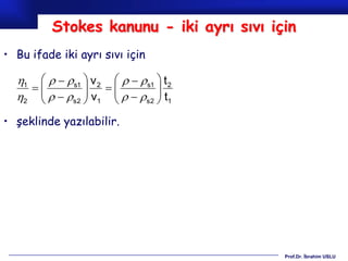 Stokes kanunu - iki ayrı sıvı için
• Bu ifade iki ayrı sıvı için

  1    s1  v 2    s1  t 2
    
      v  t
                             
  2       s2  1         s2  1


• şeklinde yazılabilir.




                                         Prof.Dr. İbrahim USLU
 