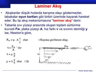 Laminer Akış
•  Akışkanlar düşük hızlarda karışma olayı göstermezler,
  tabakalar oyun kartları gibi birbiri üzerinde kayarak hareket
  eder. Bu tip akış mekanizmasına "laminer akış" denir.
• Tabanla sıvı yüzeyi arasında oluşan toplam sürtünme
  kuvveti Fw, plaka yüzeyi A, hız farkı v ve sıvının derinliği y
  ise, Newton'a göre,




                                                        Prof.Dr. İbrahim USLU
 