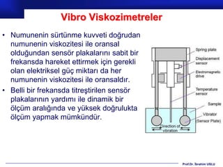 Vibro Viskozimetreler
• Numunenin sürtünme kuvveti doğrudan
  numunenin viskozitesi ile oransal
  olduğundan sensör plakalarını sabit bir
  frekansda hareket ettirmek için gerekli
  olan elektriksel güç miktarı da her
  numunenin viskozitesi ile oransaldır.
• Belli bir frekansda titreştirilen sensör
  plakalarının yardımı ile dinamik bir
  ölçüm aralığında ve yüksek doğrulukta
  ölçüm yapmak mümkündür.




                                             Prof.Dr. İbrahim USLU
 