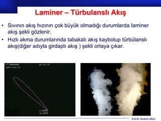 Laminer – Türbulanslı Akış
• Sıvının akış hızının çok büyük olmadığı durumlarda laminer
  akış şekli gözlenir.
• Hızlı akma durumlarında tabakalı akış kaybolup türbülanslı
  akış(diğer adıyla girdaplı akış ) şekli ortaya çıkar.




                                                     Prof.Dr. İbrahim USLU
 