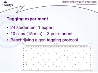 Tagging experiment
• 24 studenten; 1 expert
• 10 clips (15 min) – 3 per student
• Beschrijving eigen tagging protocol
 