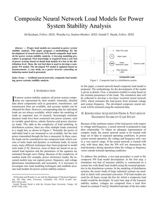 Composite Neural Network Load Models for Power
System Stability Analysis
Ali Keyhani, Fellow, IEEE, Wenzhe Lu, Student Member, IEEE, Gerald T. Heydt, Fellow, IEEE
Abstract — Proper load models are essential to power system
stability analysis. This paper proposes a methodology for the
development of neural network (NN) based composite load mod-
els for power system stability analysis. A two-step modeling pro-
cedure is proposed. First knowledge is acquired from a test bed
of power systems based on detail load models of a bus to the dis-
tribution level. Then, the test bed data is used to develop a com-
posite NN model. The developed NN model is updated based on
measurements. A case study on a power inverter controling an
induction motor load is presented.
Index Terms — Artificial neural networks, composite load model-
ing, power systems, stability analysis.
I. INTRODUCTION
N power system stability analysis, all power system compo-
nents are represented by their models. Generally, detailed
data about components such as generators, transformers, and
transmission lines are available, and accurate models can be
obtained for them. However, corresponding data for individual
loads are not always available, which makes the modeling of
loads an important area of research. Increasingly nonlinear
dynamic loads have been connected into power systems; such
as variable speed drives, robotic factories and power electron-
ics loads. This adds to the complexity of load modeling. In
distribution systems, there are often multiple loads connected
to a single bus, as shown in Figure 1. Normally the power of
individual load is not measured or not available, but the total
power transmitted through the bus is measured. In these cases,
the loads can be considered as one composite load, which con-
sists of static loads and dynamic or nonlinear loads. In recent
years, many different techniques have been proposed to model
such loads [1-9]. However, most of them are based on an as-
sumed load equation and the parameters of the equation are
estimated through curve fitting. Because of the complexity of
modern loads (for example, power electronics loads), the as-
sumed models may not capture power, frequency, and voltage
phenomena simultaneously and accurately. It is necessary to
investigate new load modeling techniques and establish accu-
rate load models for power system stability analysis.
Ali Keyhani and Wenzhe Lu are with the Department of Electrical Engineer-
ing, The Ohio State University, Columbus, OH 43210 (e-mail: key-
hani.1@osu.edu).
Gerald Thomas Heydt is with the Arizona State University, Tempe, AZ
85287-5706, USA.
M
Static P/Q Loads
Motor Loads
Power
Electronics Loads
Other Nonlinear
Loads
Dynamic Loads
Composite Load
Figure 1 Composite load in a distribution system
In this paper, a neural network based composite load model is
proposed. The methodology for the development of the model
is given in details. First, a simulation testbed is setup based on
the nominal parameters of the loads. The simulation data will
be collected to develop a two-layer recurrent neural network
(NN), which estimates the load power from terminal voltage
and system frequency. The developed composite neural net-
work will be retrained using the measured data.
II. KNOWLEDGE ACQUISITION FROM A TEST-BED OF
TRANSIENT STABILITY CASE STUDY
Because of the nonlinear nature of the load power with respect
to voltage and frequency, a neural network is proposed to map
their relationship. To obtain an adequate representation of
complex loads, the neural network needs to be trained with
large set of data in expected operating conditions. In power
system normal operation, the voltage and frequency only vary
in a very narrow range. If the neural network is trained with
only with these data, then the NN will not characterize the
load dynamics during operation when the voltage or frequency
varies outside nominal operating conditions.
To address this problem, a two-step procedure is used in the
composite NN load model development. In the first step, a
simulation test bed of transient stability is constructed on a
system bus with detail load models using the nominal parame-
ters in the distribution systems. In the modeling of distribution
systems, the motor loads of large industrial systems are mod-
eled in detail with associated converters. P-Q load models are
used for all buses except the bus for which a composite load
model would be developed. At each time step of the transient
stability studies, voltages are computed from a load flow
based on constant P and Q. Detailed load data of the bus under
I
 