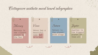 Cottagecore aesthetic mood board infographics
Mercury is
the closest
planet to
the Sun
Mercury
Venus has a
beautiful
name but
it’s hot
Venus
Saturn is
the planet
with rings
Saturn
Jupiter is
the biggest
planet of
them all
Jupiter
 