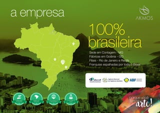 a empresa
Sede em Contagem - MG
Fábricas em Goiânia - GO
Filiais - Rio de Janeiro e Recife
Franquias espalhadas por todo o Brasil
100%
brasileira
 
