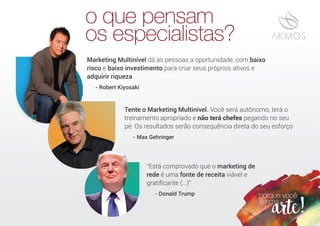 o que pensam
os especialistas?
Marketing Multinível dá as pessoas a oportunidade, com baixo
risco e baixo investimento para criar seus próprios ativos e
adquirir riqueza
- Robert Kiyosaki
“Está comprovado que o marketing de
rede é uma fonte de receita viável e
gratiﬁcante (...)”
- Donald Trump
Tente o Marketing Multinível. Você será autônomo, terá o
treinamento apropriado e não terá chefes pegando no seu
pé. Os resultados serão consequência direta do seu esforço
- Max Gehringer
- Robert Ki
eting de
vel e
 