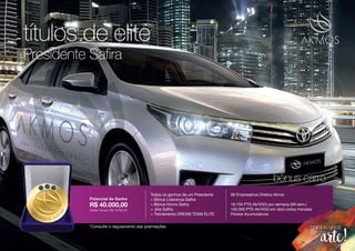 títulos de elite
Presidente Saﬁra
bônus carro
*Consulte o regulamento das premiações
R$ 40.000,00
Média mensal: R$ 15.000,00
Potencial de Ganho
Todos os ganhos de um Presidente
+ Bônus Liderança Safira
+ Bônus Honra Safira
+ Jóia Safira
+ Treinamento DREAM TEAM ELITE
06 Empresários Diretos Ativos
18.750 PTS Ak/VGQ por semana (08 sem.)
150.000 PTS Ak/VGQ em dois ciclos mensais
Pontos Acumulativos
 