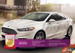 Presidente Rubi
títulos de elite
bônus carro
*Consulte o regulamento das premiações
R$ 60.000,00
Média mensal: R$ 30.000,00
Potencial de Ganho
Todos os ganhos de um Presidente
+ Bônus Liderança Rubi
+ Bônus Honra Rubi
+ Jóia Rubi
+ Treinamento DREAM TEAM ELITE
08 Empresários Diretos Ativos
37.500 PTS Ak/VGQ por semana (08 sem.)
300.000 PTS Ak/VGQ em dois ciclos mensais
Pontos Acumulativos
 