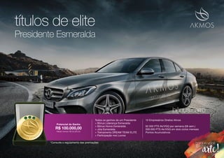Presidente Esmeralda
títulos de elite
bônus carro
*Consulte o regulamento das premiações
R$ 100.000,00
Média mensal: R$ 50.000,00
Potencial de Ganho
Todos os ganhos de um Presidente
+ Bônus Liderança Esmeralda
+ Bônus Honra Esmeralda
+ Jóia Esmeralda
+ Treinamento DREAM TEAM ELITE
+ Participação nos Lucros
10 Empresários Diretos Ativos
62.500 PTS Ak/VGQ por semana (08 sem.)
500.000 PTS Ak/VGQ em dois ciclos mensais
Pontos Acumulativos
 