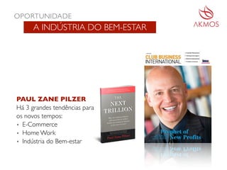 A INDÚSTRIA DO BEM-ESTAR
PAUL ZANE PILZER
Há 3 grandes tendências para
os novos tempos:
• E-Commerce
• Home Work
• Indústria do Bem-estar
OPORTUNIDADE
 