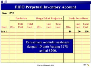 Wahyumi Ekawanti, MSi 22
Item 127B
FIFO Perpetual Inventory AccountFIFO Perpetual Inventory Account
Pembelian Harga Pokok Penjualan Saldo Persediaan
Unit Total Unit Total Unit Total
Date Qty. Cost Cost Qty. Cost Cost Qty. Cost Cost
Jan. 1 10 20 200
Perusahaan memulai usahanyaPerusahaan memulai usahanya
dengan 10 units barang 127Bdengan 10 units barang 127B
senilai $200.senilai $200.
 