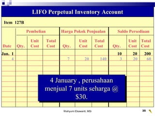 Wahyumi Ekawanti, MSi 35
Item 127B
LIFO Perpetual Inventory AccountLIFO Perpetual Inventory Account
Pembelian Harga Pokok Penjualan Saldo Persediaan
Unit Total Unit Total Unit Total
Date Qty. Cost Cost Qty. Cost Cost Qty. Cost Cost
Jan. 1 10 20 200
4 7 20 140 3 20 60
4 January , perusahaan4 January , perusahaan
menjual 7 units seharga @menjual 7 units seharga @
$30.$30.
4 January , perusahaan4 January , perusahaan
menjual 7 units seharga @menjual 7 units seharga @
$30.$30.
 