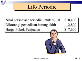 Wahyumi Ekawanti, MSi 52
Nilai persediaan tersedia untuk dijual $10,400
Dikurangi persediaan barang akhir 2,800
Harga Pokok Penjualan $ 7,600
Nilai persediaan tersedia untuk dijual $10,400
Dikurangi persediaan barang akhir 2,800
Harga Pokok Penjualan $ 7,600
Lifo PeriodicLifo Periodic
 