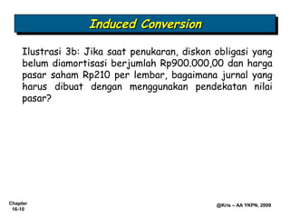 Induced Conversion
                   Induced Conversion
     Ilustrasi 3b: Jika saat penukaran, diskon obligasi yang
     belum diamortisasi berjumlah Rp900.000,00 dan harga
     pasar saham Rp210 per lembar, bagaimana jurnal yang
     harus dibuat dengan menggunakan pendekatan nilai
     pasar?




Chapter                                        @Kris – AA YKPN, 2009
 16-10
 