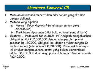 Akuntansi Konversi CB
                 Akuntansi Konversi CB
  1. Masalah akuntansi: menentukan nilai saham yang ditukar
     dengan obligasi.
  2. Metoda yang dipakai:
      a. Market Value Approach (nilai pasar saham yang
          diserahkan)
      b. Book Value Approach (nilai buku obligasi yang ditarik)
  3. Ilustrasi 1: Pada awal tahun 2005, PT Anugrah mengeluarkan
     obligasi senilai Rp2.000.000 dengan memperoleh premi
     sebesar Rp 120.000. Obligasi ini dapat ditukar dengan 10
     lembar saham (nilai nominal Rp20.000). Pada waktu obligasi
     ini ditukar dengan saham, premi yang belum diamortisasi
     adalah Rp100.000 dan harga pasar saham per lembar adalah
     Rp240.000.


Chapter                                         @Kris – AA YKPN, 2009
 16-7
 