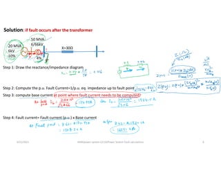 Solution: if fault occurs after the transformer
6/21/2021 AKM/power system-ii/L10/Power System Fault calculations 6
20 MVA
6kV
10%
50 MVA
6/66kV
4%
X=30Ω
Step 1: Draw the reactance/impedance diagram
Step 2: Compute the p.u. Fault Current=1/p.u. eq. impedance up to fault point
Step 3: compute base current at point where fault current needs to be computed
Step 4: Fault current= Fault current (p.u.) x Base current
 