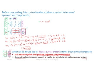 Before proceeding; lets try to visualize a balance system in terms of
symmetrical components;
V012 = T-1 VABC
1
3
1 1 1
1 𝑎 𝑎
1 𝑎 𝑎
𝑉
𝑉
𝑉
=
𝑉
𝑉
𝑉
1
3
1 1 1
1 𝑎 𝑎
1 𝑎 𝑎
𝑉
𝑉
𝑉
=
𝑉
α2𝑉
α𝑉
𝑉
𝑉
𝑉
=
0
𝑉
0
• In a balance system only positive sequence components exists
• Symmetrical components analysis are valid for both balance and unbalance system
Similar can be derived also for balance current phasors in terms of symmetrical components
7/28/2021 AKM/power system-ii/L13/ sequnce diagram 3
 