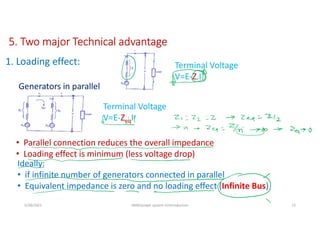 5/28/2021 AKM/power system-ii/introduction 13
5. Two major Technical advantage
1. Loading effect: Terminal Voltage
V=E-Z.I
Generators in parallel
• Parallel connection reduces the overall impedance
• Loading effect is minimum (less voltage drop)
Ideally:
• if infinite number of generators connected in parallel
• Equivalent impedance is zero and no loading effect (Infinite Bus)
Terminal Voltage
V=E-ZeqI
 