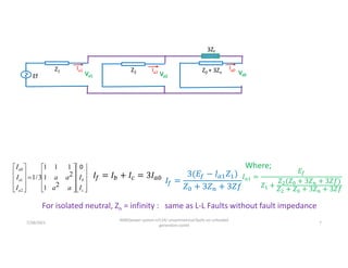 7/28/2021
AKM/power system-ii/L14/ unsymmetrical faults on unloaded
generators contd
7
Ef
Z1
Va1
Ia1 Z2
Va2
Ia2 Z0 + 3Zn Va0
Ia0
3Zf































c
b
a
a
a
a
I
I
I
a
a
a
a
I
I
I
2
1
2
1
1
1
1
3
/
1
2
1
0 0
For isolated neutral, Zn = infinity : same as L-L Faults without fault impedance
Where;
𝐼 =
𝐸
𝑍 +
𝑍 (𝑍 + 3𝑍 + 3𝑍𝑓)
𝑍 + 𝑍 + 3𝑍 + 3𝑍𝑓
 