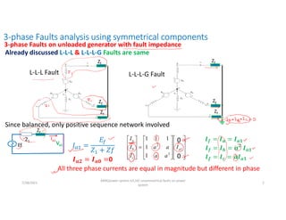 3-phase Faults analysis using symmetrical components
7/28/2021
AKM/power system-ii/L16/ unsymmetrical faults on power
system
2
L-L-L Fault L-L-L-G Fault
Already discussed L-L-L & L-L-L-G Faults are same
Since balanced, only positive sequence network involved
𝒂𝟐 𝒂𝟎 0































2
1
0
2
2
1
1
1
1
1
a
a
a
c
b
a
I
I
I
a
a
a
a
I
I
I 0
0
All three phase currents are equal in magnitude but different in phase
𝒇 𝒂 𝒂𝟏
𝒇 𝒃
𝟐
𝒂𝟏
𝒇 𝒄 𝒂𝟏
3-phase Faults on unloaded generator with fault impedance
Zf
Zf
Zf
Ef
Z1
Va1
Ia1
Zf
Zf
Zf
Zf
 