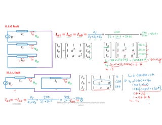 ii. L-G fault
Z2 Va2
Ia2
Ef
Z1
Va1
Ia1
Z0 Va0
Ia0
𝒂𝟏 𝒂𝟐 𝒂𝟎 =
………………………………………
=































2
1
0
2
2
1
1
1
1
1
a
a
a
c
b
a
I
I
I
a
a
a
a
I
I
I
iii. L-L fault
Ef
Z1
Va1
Ia1 Z2
Va2
Ia2
=
………………………
=































2
1
0
2
2
1
1
1
1
1
a
a
a
c
b
a
I
I
I
a
a
a
a
I
I
I































2
1
0
2
2
1
1
1
1
1
a
a
a
c
b
a
I
I
I
a
a
a
a
I
I
I
7/28/2021
AKM/power system-ii/L16/ unsymmetrical faults on power
system
7
 