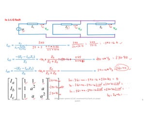 iv. L-L-G fault
Ef
Z1
Va1
Ia1 Z2
Va2
Ia2 Z0 Va0
Ia0
𝐼 = =
…………………………………………………………
=
𝐼 =
−(𝐸 − 𝐼 𝑍 )
𝑍
= −Ia1 x
𝑍
𝑍 + 𝑍
… … … … … … … … … … … .
=
𝐼 =
−(𝐸 − 𝐼 𝑍 )
𝑍
= −Ia1 x
𝑍
𝑍 + 𝑍
=
… … … … … … … … … … …
=































2
1
0
2
2
1
1
1
1
1
a
a
a
c
b
a
I
I
I
a
a
a
a
I
I
I
7/28/2021
AKM/power system-ii/L16/ unsymmetrical faults on power
system
8
 