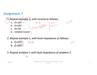 Assignment 7
1. Repeat example 1, with neutral as follows;
a. Zn=j2Ω
b. Zn=j5Ω
c. Zn=2Ω
d. Isolated neutral
2. Repeat example 1, with fault impedance as follows;
a. Zf=j1Ω
b. Zf=j2Ω
3. Repeat problem 1 with fault impedance of problem 2.
7/28/2021
AKM/power system-ii/L16/ unsymmetrical faults on power
system
9
 