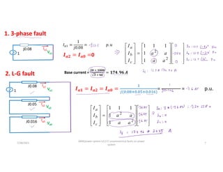 1
j0.08
Va1
Ia1
1. 3-phase fault
𝐼 =
1
𝑗0.08
= 𝑝. 𝑢
𝒂𝟐 𝒂𝟎 0































2
1
0
2
2
1
1
1
1
1
a
a
a
c
b
a
I
I
I
a
a
a
a
I
I
I
2. L-G fault
J0.05
Va2
Ia2
1
J0.08
Va1
Ia1
J0.016 Va0
Ia0
𝒂𝟏 𝒂𝟐 𝒂𝟎 ( . . . )
=
………………
= p.u.































2
1
0
2
2
1
1
1
1
1
a
a
a
c
b
a
I
I
I
a
a
a
a
I
I
I
Base current =
𝟐𝟎 × 𝟏𝟎𝟎𝟎
𝟑 × 𝟔𝟔
= 𝟏𝟕𝟒. 𝟗𝟔 𝑨
7/28/2021
AKM/power system-ii/L17/ unsymmetrical faults on power
system
7
 