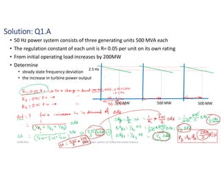 Solution: Q1.A
• 50 Hz power system consists of three generating units 500 MVA each
• The regulation constant of each unit is R= 0.05 per unit on its own rating
• From initial operating load increases by 200MW
• Determine
• steady state frequency deviation
• the increase in turbine power output
5/28/2021 AKM/power system-ii/L3/Reactive power balance 5
500 MW 500 MW 500 MW
2.5 Hz
 