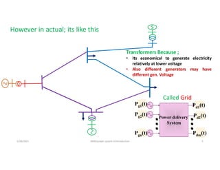5/28/2021 AKM/power system-ii/introduction 5
However in actual; its like this
Pg1(t)
Power delivery
System
Pd1(t)
Pg2(t)
Pgn(t)
Pd2(t)
Pdm(t)
Transformers Because ;
• Its economical to generate electricity
relatively at lower voltage
• Also different generators may have
different gen. Voltage
Called Grid
 