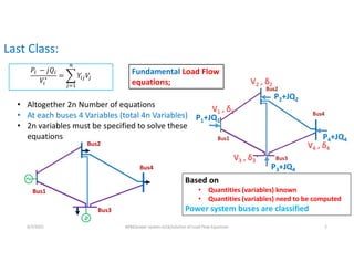 • Altogether 2n Number of equations
• At each buses 4 Variables (total 4n Variables)
• 2n variables must be specified to solve these
equations
Bus2
Bus1
Bus3
Bus4
Based on
• Quantities (variables) known
• Quantities (variables) need to be computed
Power system buses are classified
P1+JQ1
P2+JQ2
P4+JQ4
P3+JQ4
V1 , δ1
V2 , δ2
V4 , δ4
V3 , δ3
6/7/2021 AKM/power system-ii/L6/solution of Load Flow Equations 2
Fundamental Load Flow
equations;
Last Class:
𝑃 − 𝑗𝑄
𝑉∗ = 𝑌 𝑉
 