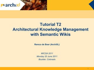 Tutorial T2
Architectural Knowledge Management
         with Semantic Wikis

         Remco de Boer (ArchiXL)



              WICSA 2011
           Monday 20 June 2011
            Boulder, Colorado



                                   1
 