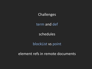 Challenges
term and def
schedules
blockList vs point
element refs in remote documents
 