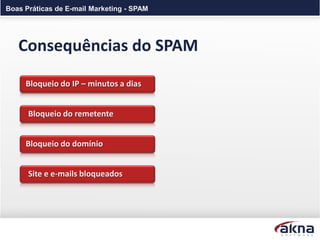 Boas Práticas de E-mail Marketing - SPAM




   Consequências do SPAM
     Bloqueio do IP – minutos a dias


      Bloqueio do remetente


     Bloqueio do domínio


      Site e e-mails bloqueados
 