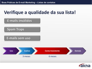 Boas Práticas de E-mail Marketing – Listas de contatos




  Verifique a qualidade da sua lista!
     E-mails inválidos

     Spam Traps

     E-mails sem uso


        Uso           Inativo              Conta Inexistente   Demais

                     3 meses                   6 meses
 
