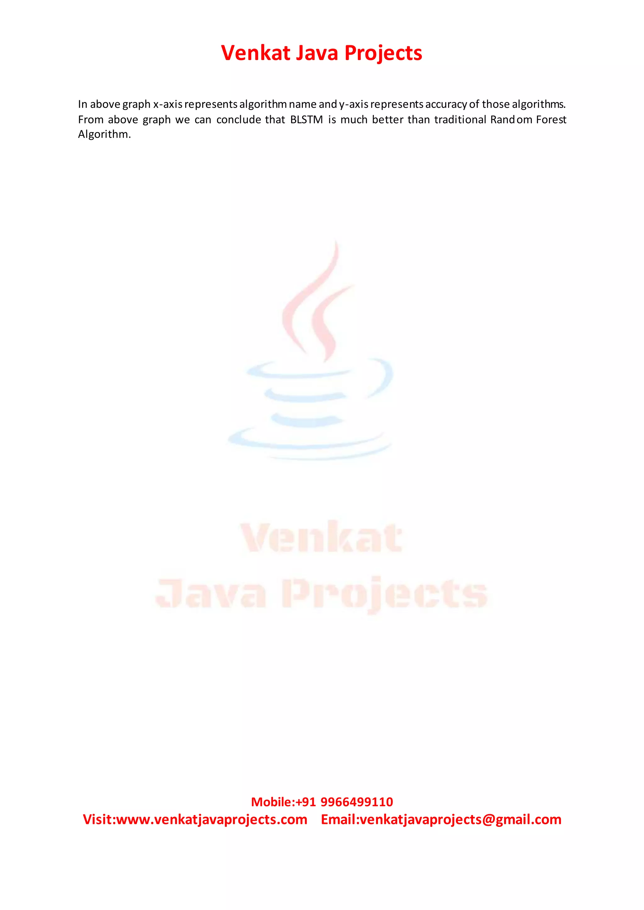 Venkat Java Projects
Mobile:+91 9966499110
Visit:www.venkatjavaprojects.com Email:venkatjavaprojects@gmail.com
In above graph x-axisrepresentsalgorithmname andy-axisrepresentsaccuracyof those algorithms.
From above graph we can conclude that BLSTM is much better than traditional Random Forest
Algorithm.
 