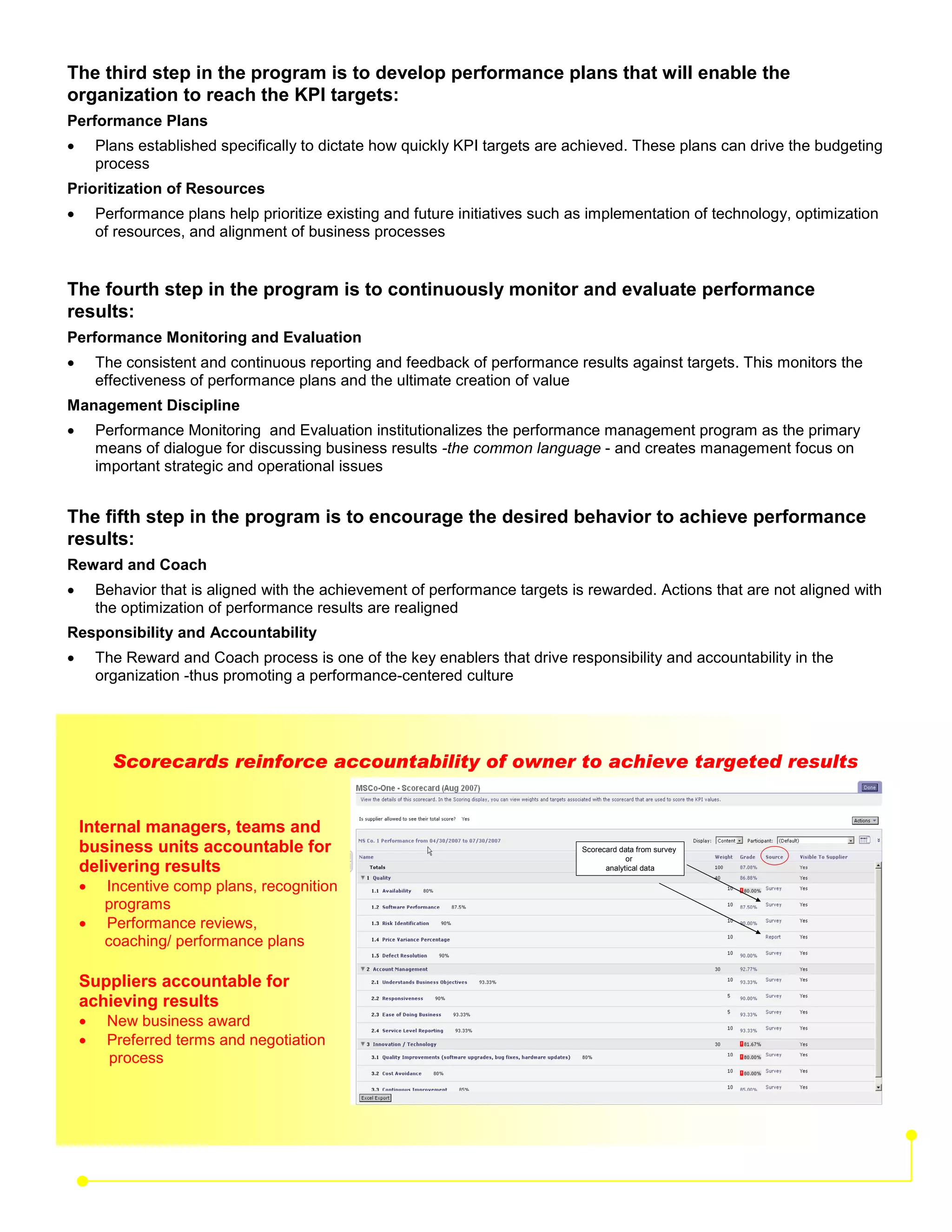 The third step in the program is to develop performance plans that will enable the
organization to reach the KPI targets:
Performance Plans
•       Plans established specifically to dictate how quickly KPI targets are achieved. These plans can drive the budgeting
        process
Prioritization of Resources
•       Performance plans help prioritize existing and future initiatives such as implementation of technology, optimization
        of resources, and alignment of business processes


The fourth step in the program is to continuously monitor and evaluate performance
results:
Performance Monitoring and Evaluation
•       The consistent and continuous reporting and feedback of performance results against targets. This monitors the
        effectiveness of performance plans and the ultimate creation of value
Management Discipline
•       Performance Monitoring and Evaluation institutionalizes the performance management program as the primary
        means of dialogue for discussing business results -the common language - and creates management focus on
        important strategic and operational issues


The fifth step in the program is to encourage the desired behavior to achieve performance
results:
Reward and Coach
•       Behavior that is aligned with the achievement of performance targets is rewarded. Actions that are not aligned with
        the optimization of performance results are realigned
Responsibility and Accountability
•       The Reward and Coach process is one of the key enablers that drive responsibility and accountability in the
        organization -thus promoting a performance-centered culture




          Scorecards reinforce accountability of owner to achieve targeted results


    Internal managers, teams and
    business units accountable for                                              Scorecard data from survey
                                                                                            or
    delivering results                                                                analytical data

    •    Incentive comp plans, recognition
         programs
    •    Performance reviews,
         coaching/ performance plans

    Suppliers accountable for
    achieving results
    •    New business award
    •    Preferred terms and negotiation
         process
 