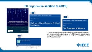 EU response (in addition to GDPR)
EU Parliament Science and Technology Options Assessment
(STOA) panel request for study on “Algorithmic Opportunities
and Accountability”
6
 
