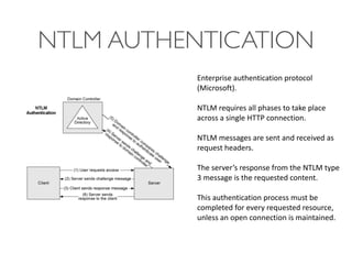 NTLM AUTHENTICATION 
Enterprise 
authentication 
protocol 
(Microsoft). 
! 
NTLM 
requires 
all 
phases 
to 
take 
place 
across 
a 
single 
HTTP 
connection. 
! 
NTLM 
messages 
are 
sent 
and 
received 
as 
request 
headers. 
! 
The 
server’s 
response 
from 
the 
NTLM 
type 
3 
message 
is 
the 
requested 
content. 
! 
This 
authentication 
process 
must 
be 
completed 
for 
every 
requested 
resource, 
unless 
an 
open 
connection 
is 
maintained. 
 